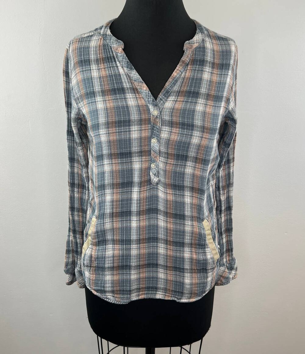 Maison Scotch Blue Woven Plaid Button-Up Long Sleeve Popover Shirt Top Pockets 2